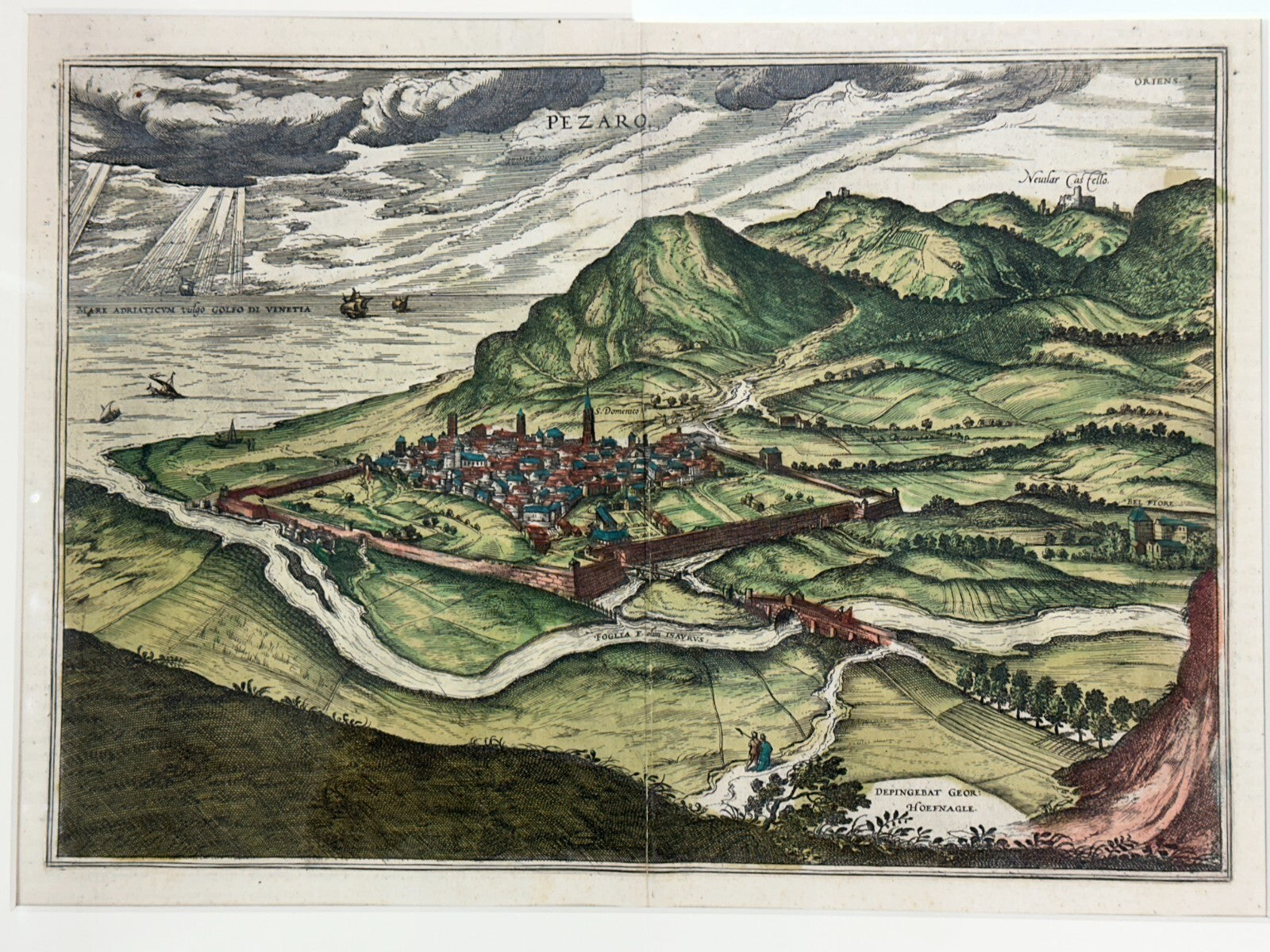 nach Georg Hoefnagel um 1575 - Ansicht von Pesaro Italien Kupferstich koloriert1
