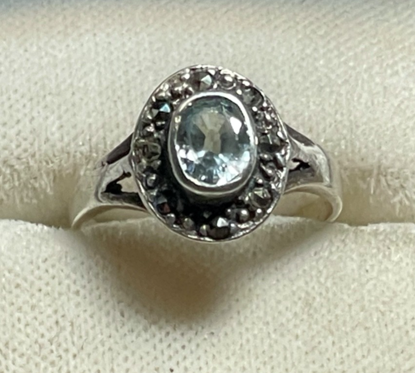 Antik 925 Silber Ring aquamarin farbig wasserblau Spinell 30erJ RG 50 Ø 15,9 mm4
