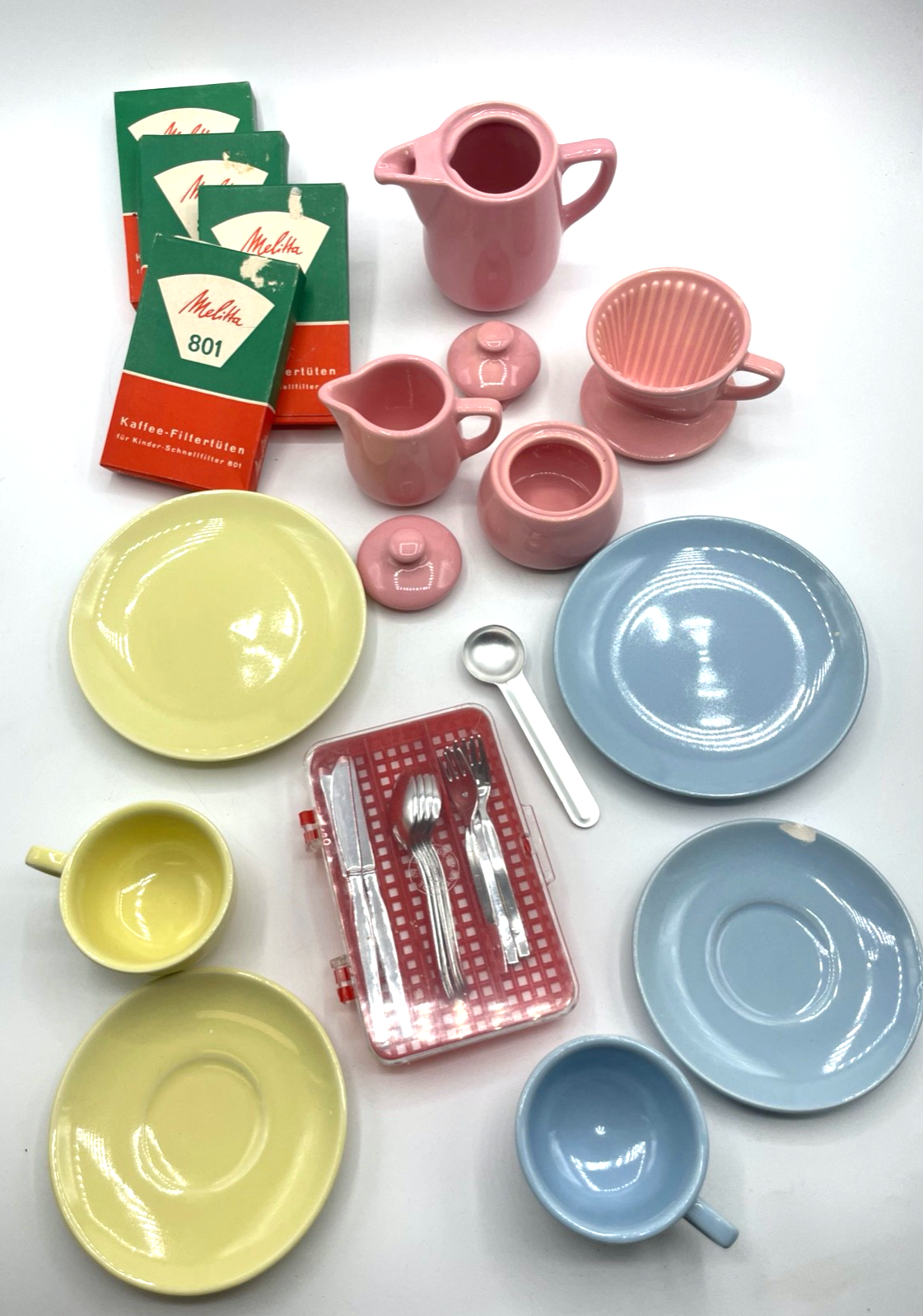 mid century Kinder Melitta Kaffee Geschirr mit Filter + Filtertüten Dachboden4
