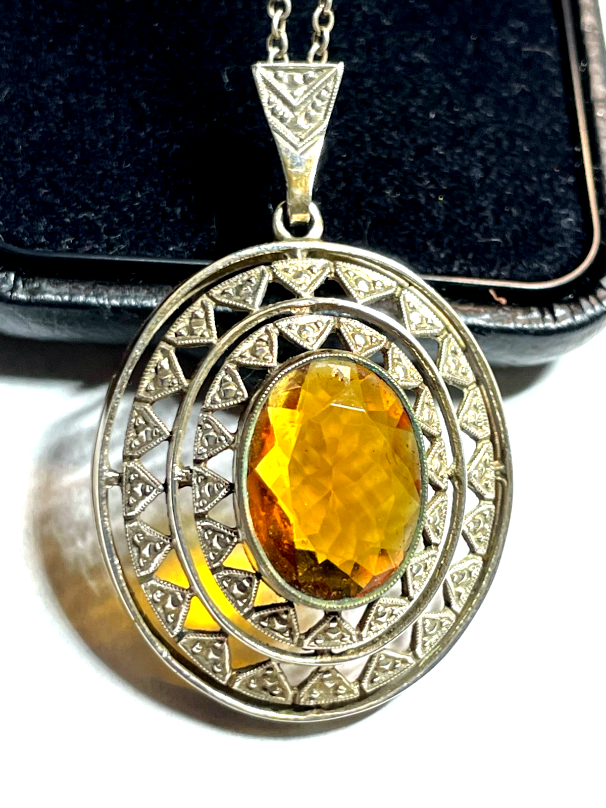 Antik 835 Silber Kette mit großer Anhänger Citrin cognac farbig 20er J gepflegt4