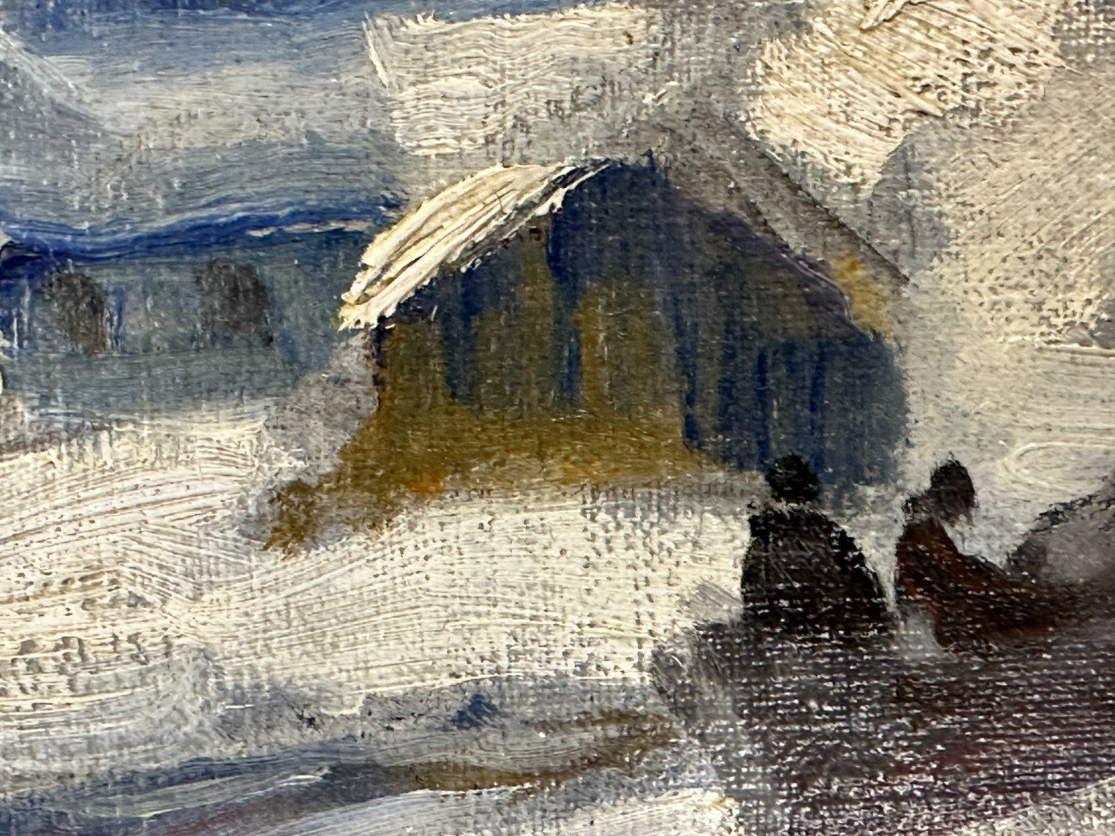Winterliche Alpenlandschaft mit Gehöften und Schlitten – Öl auf Hartfaserplatte6