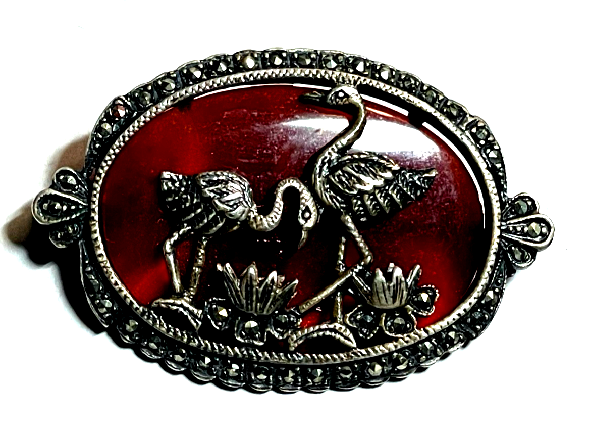 Antik Silber Brosche Anstecknadel Streifenachat Kraniche Markasiten Art Déco8