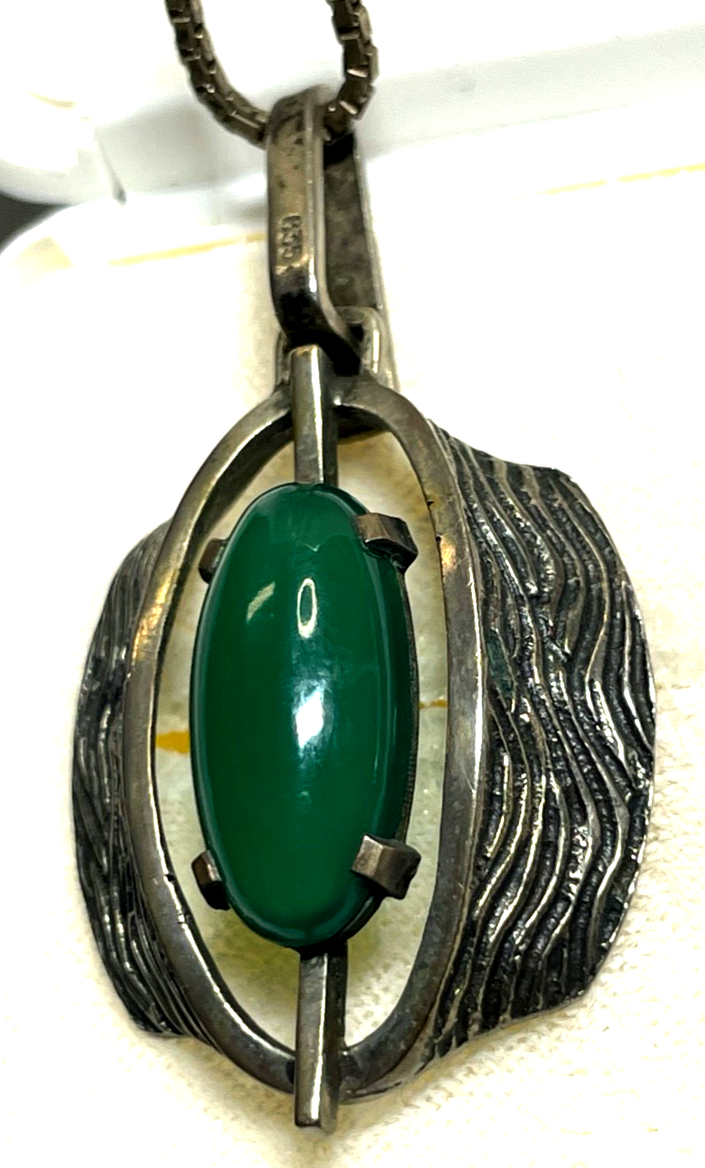 Vintage 70erJ Design 925 Silber Kette + 835 Anhänger Chrysopras Brutalist gepfl.5