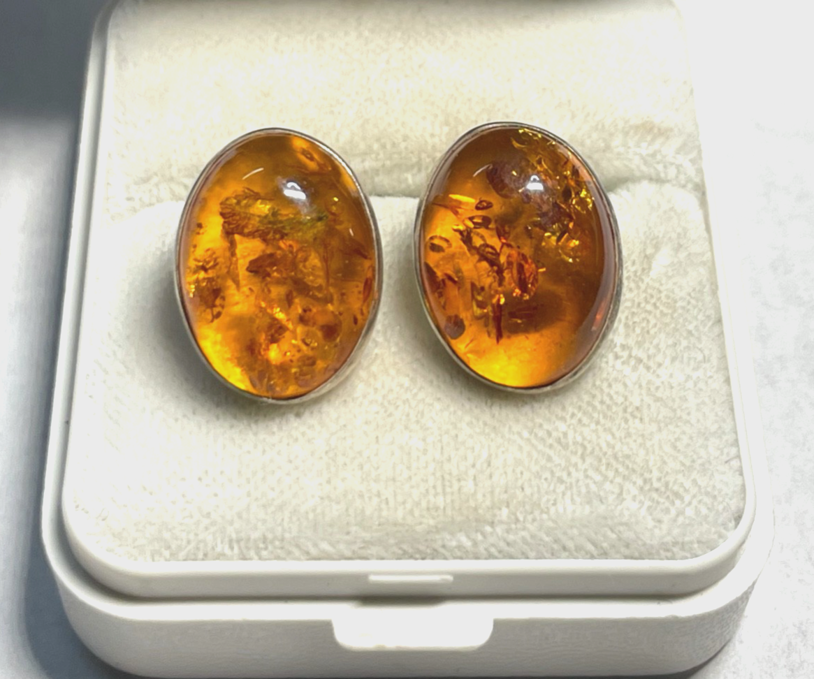 Elegante 925 Silber Ohrringe Ohrstecker Bernstein Cabochon L 16 mm B 13 mm0