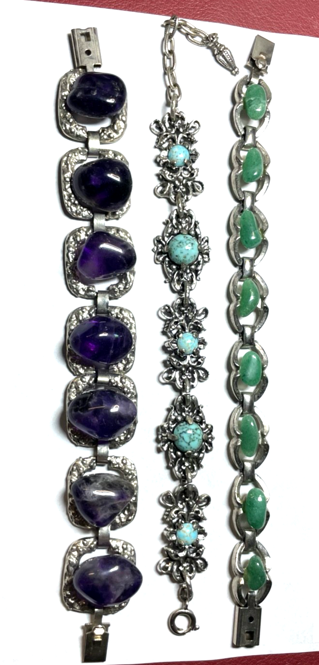 3 vintage Armbänder Armketten mit Edelstein Amethyst Aventurin 70er top gepflegt1