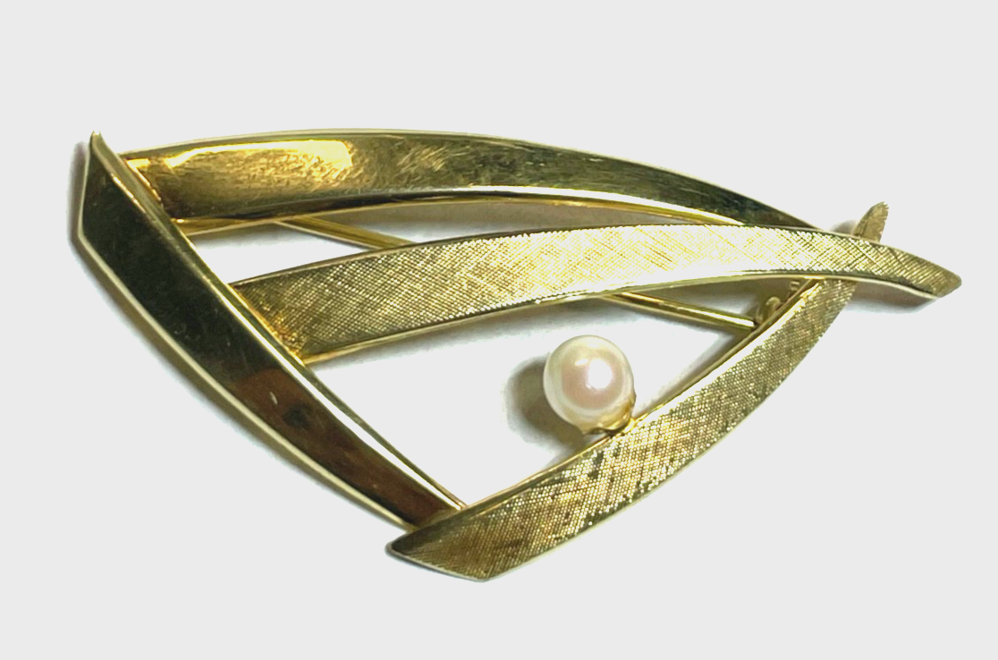 Vintage G*K Kutroff 333 Gold 8 K Gold Brosche Anstecknadel mit Akoya Perle gepfl0