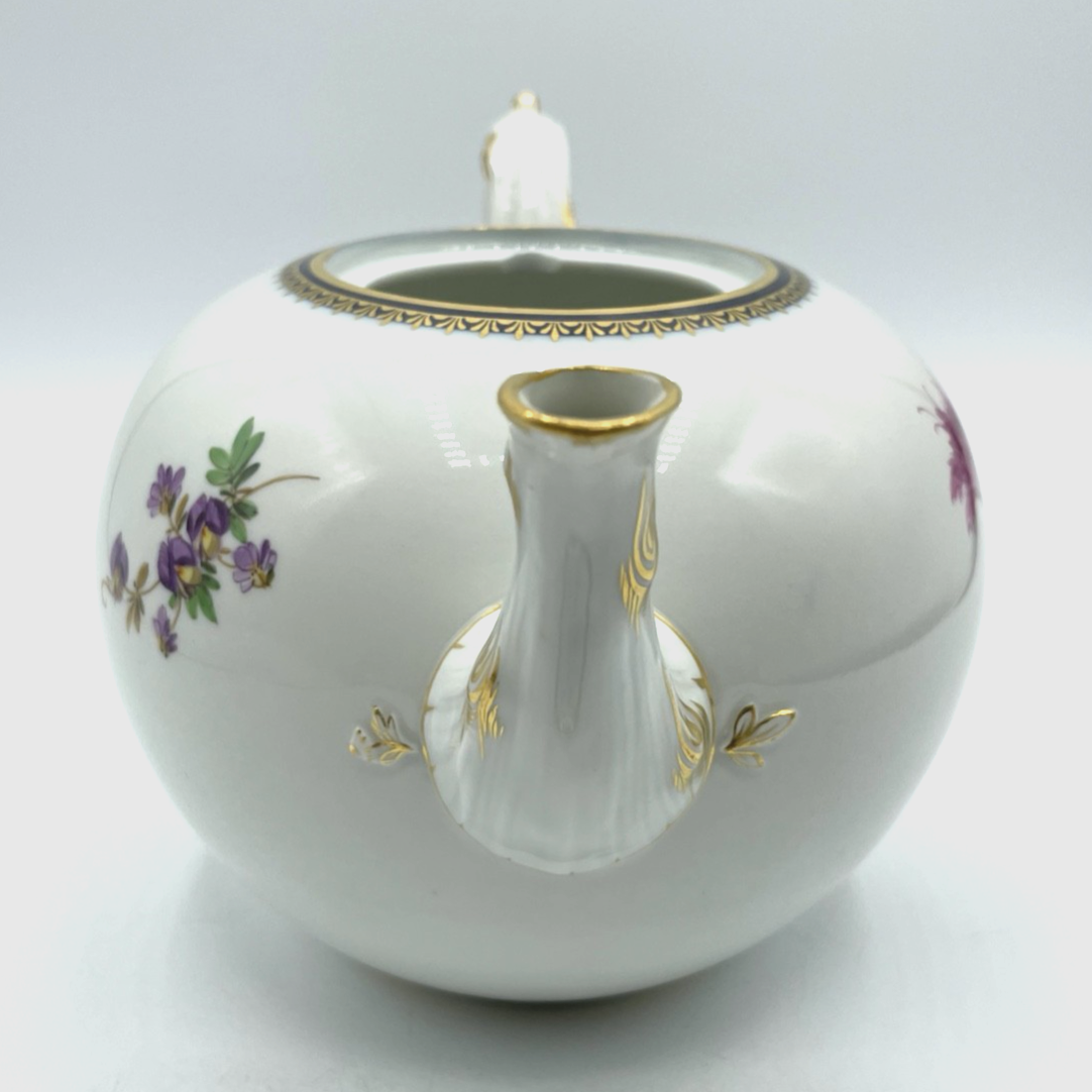 Antik Meissen Porzellan Teekanne 1. Wahl Blumenbukett Kobalt + Golddekor 1A Zust7