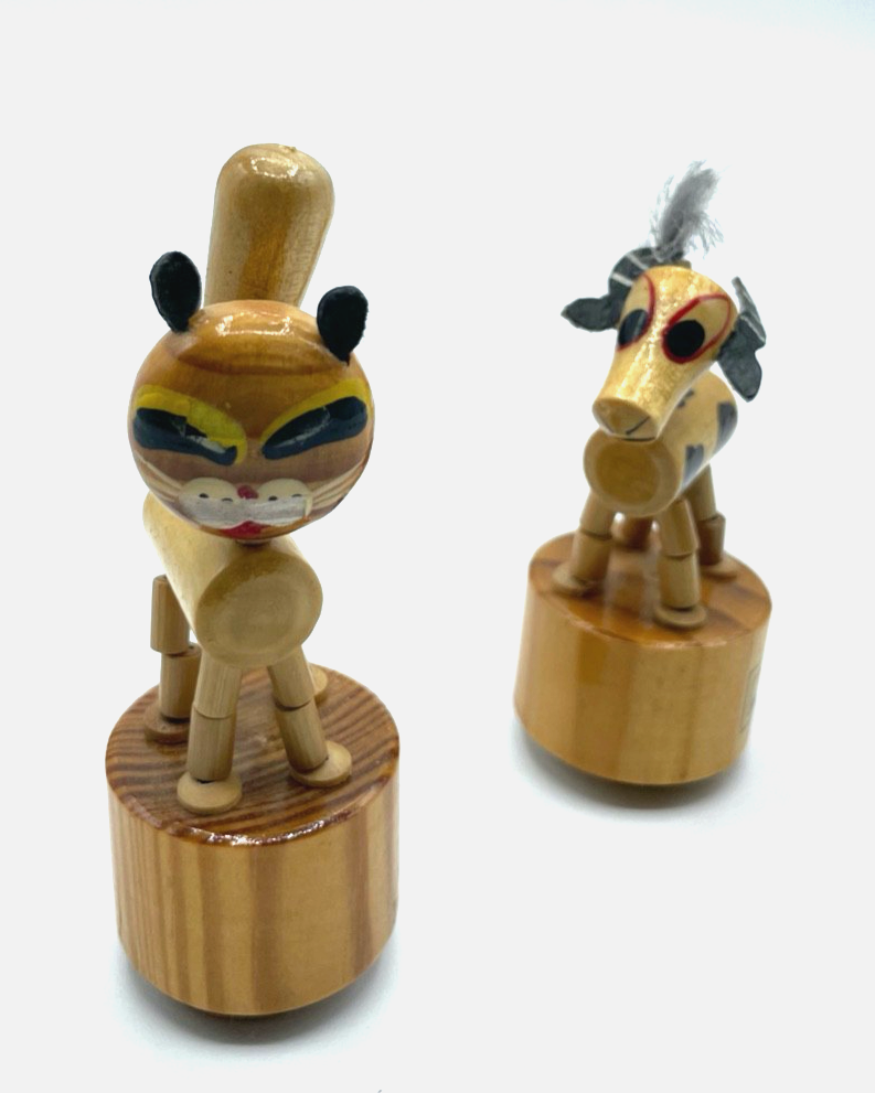 2x vintage Holzspielzeug Wackelfigur Drückfigur alte Werbung 70er J Katze + Kuh4