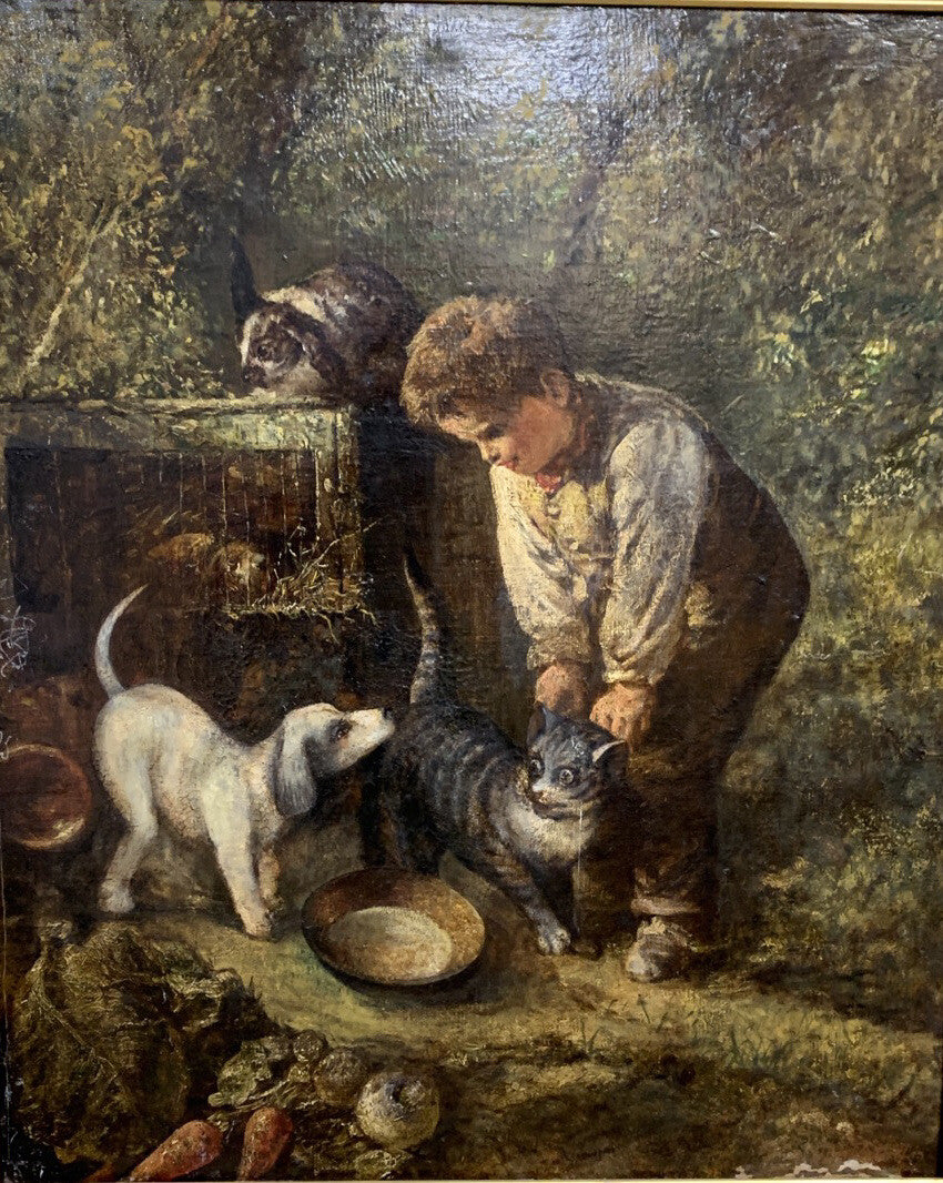 Jules Dhotretiz - Ölgemälde Leinwand um 1850  - Junger Knabe im Hasenstall 8
