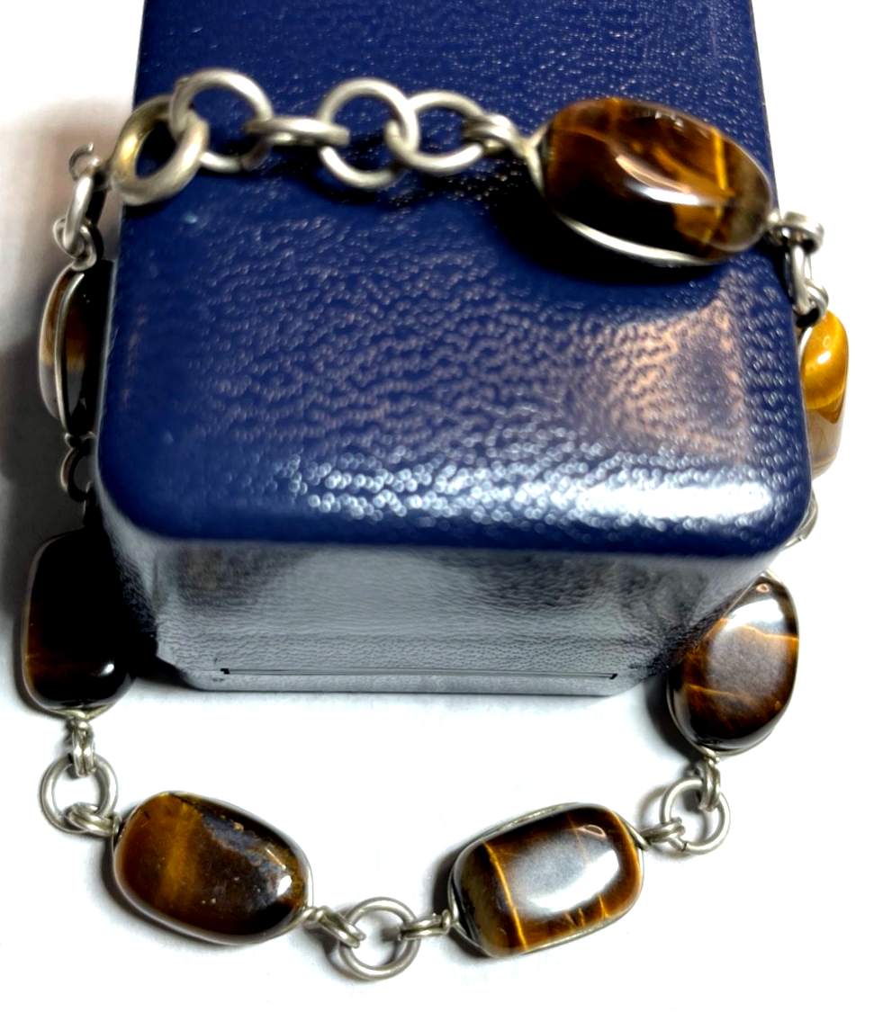 Vintage 835 Silber Armband mit Tigerauge  Handarbeit gepflegt L 19,5 - 20 B 1 cm0