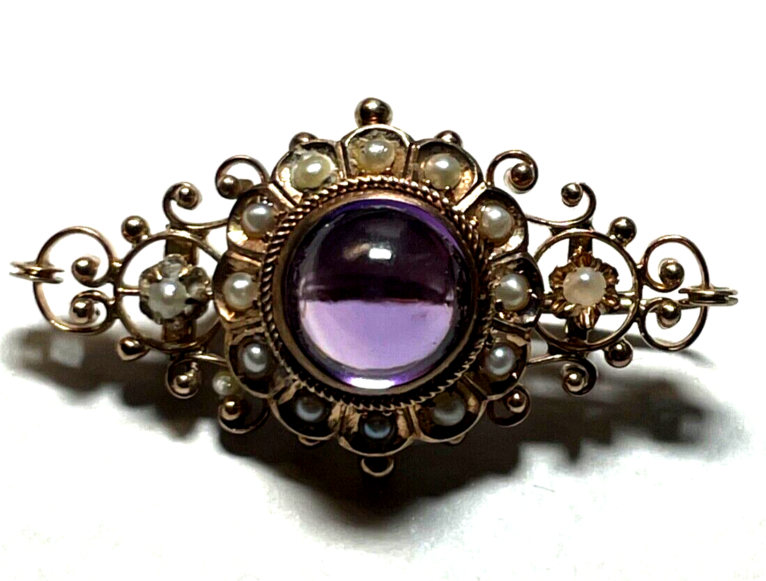 Antik 8 K Gold 333 Brosche Amethyst Cabochon Orientperlen Historismus Saatperlen0