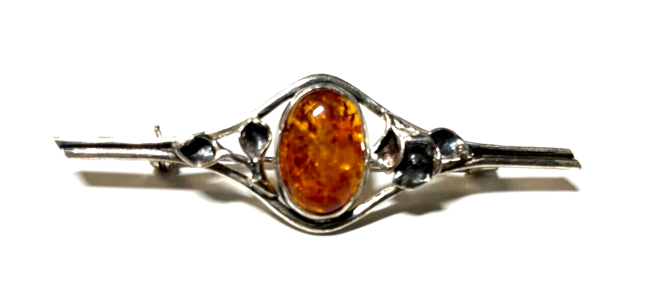 925 Silber Brosche Designer Anstecknadel Bernstein Cabochon JS Silberschmiede0
