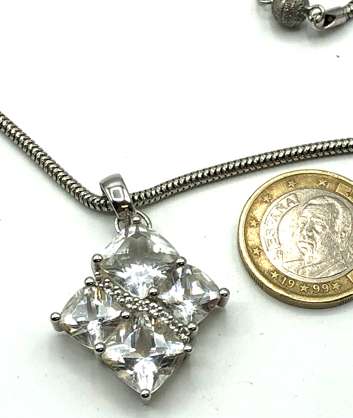 Gr. 925 Silber Clip Anhänger Bergkristall + Silber Schlangenkette Magnet Kugel1