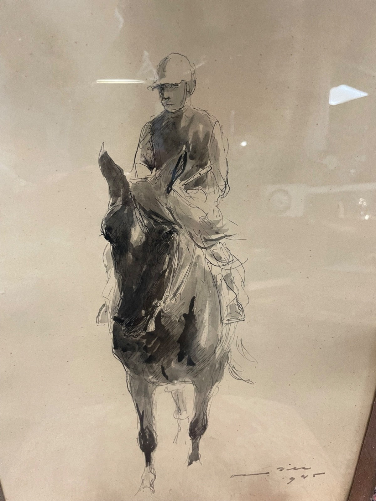 Otto Dill lavierte Tusche Zeichnung Pferd mit Jockey 1945 gerahmt  49 x 34,5 cm9