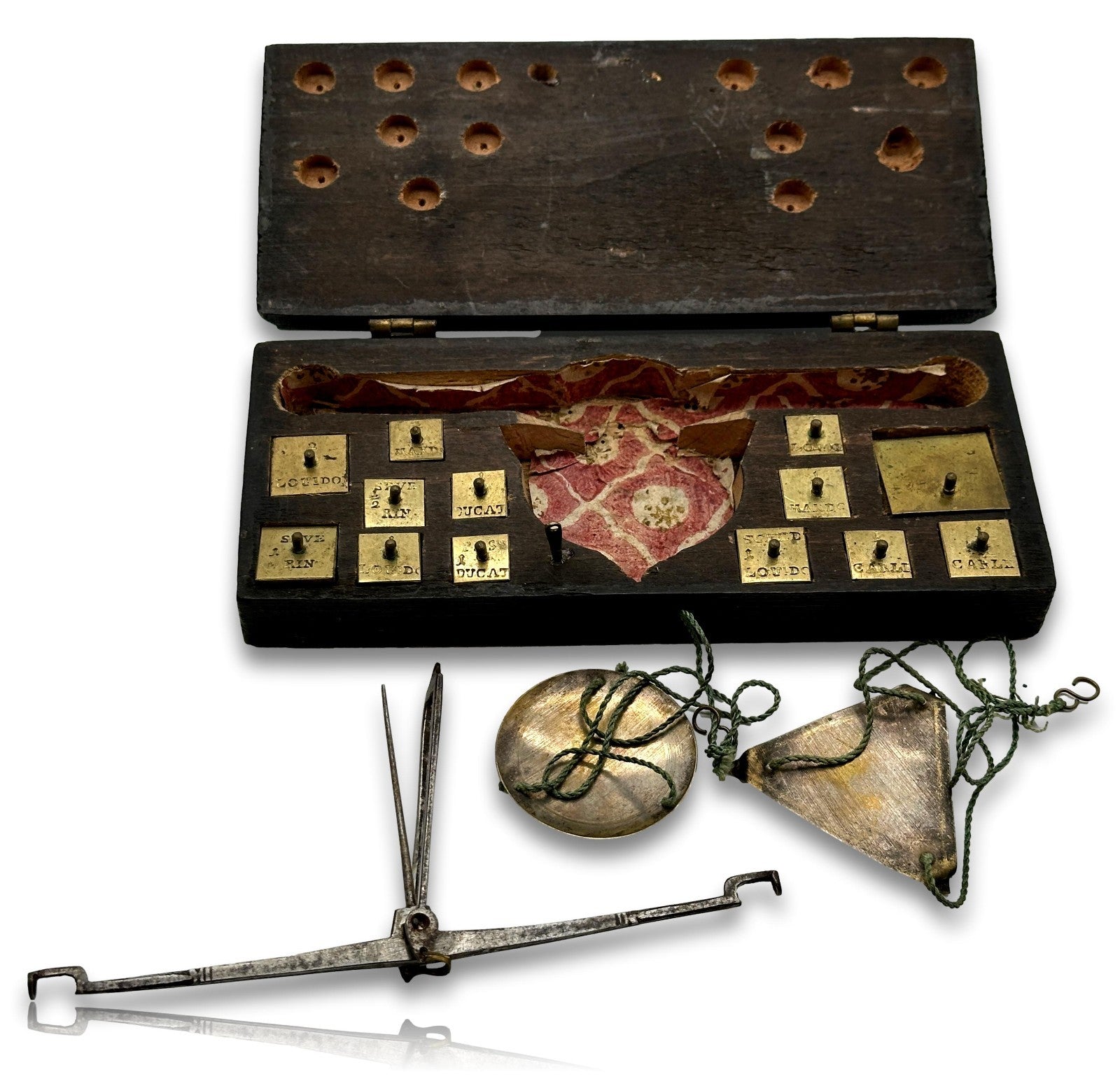 Antike Coin Scale um 1820 – Holzschatulle - Messinggewichte - Ducat, ½ Sovereign1