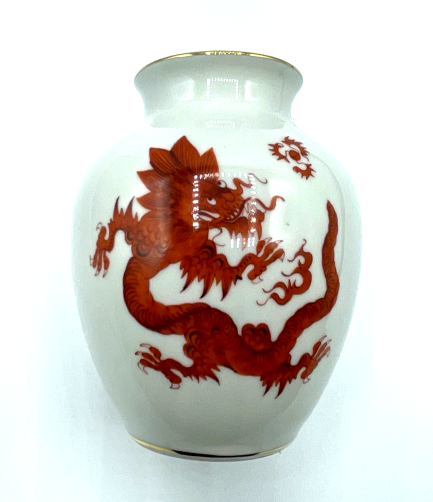 30er J Ilmenau Graf von Henneberg Porzellan Vase roter Drache Goldrand H 12 cm5
