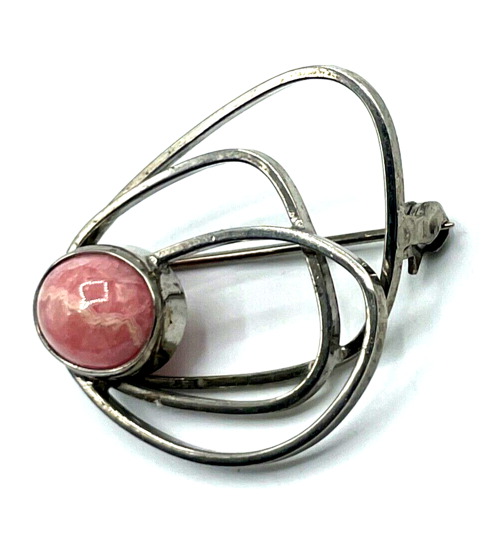 70er J Design 925 Silber Brosche Anstecknadel Handarbeit Rhodochrosit Cabochon1