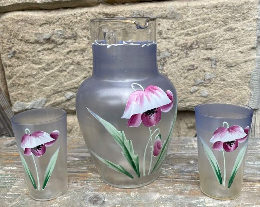 Jugendstil antik Glas Krug + 2 Gläser handbemalt Blumen Dekor bezaubernd gepfl.0