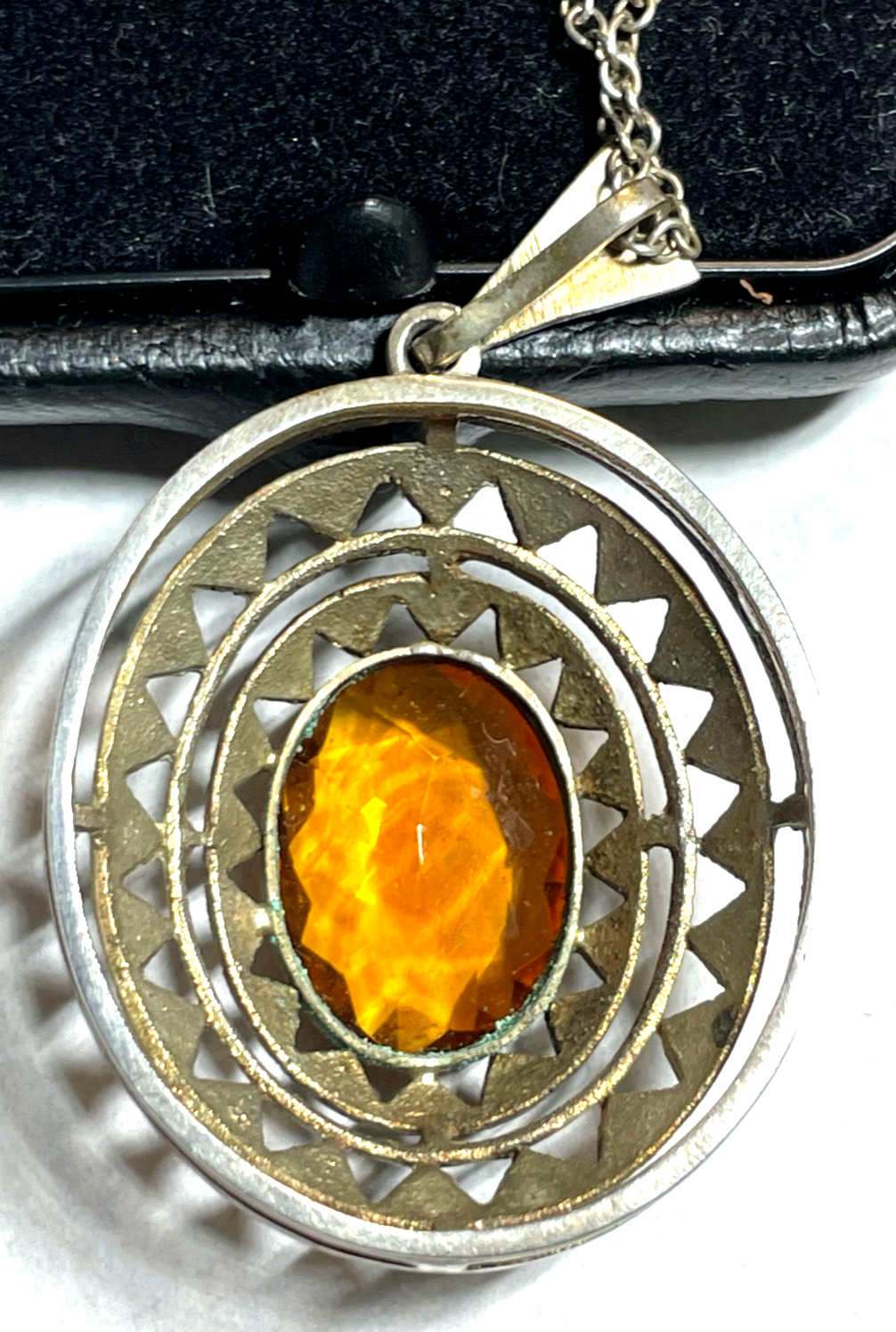 Antik 835 Silber Kette mit großer Anhänger Citrin cognac farbig 20er J gepflegt7