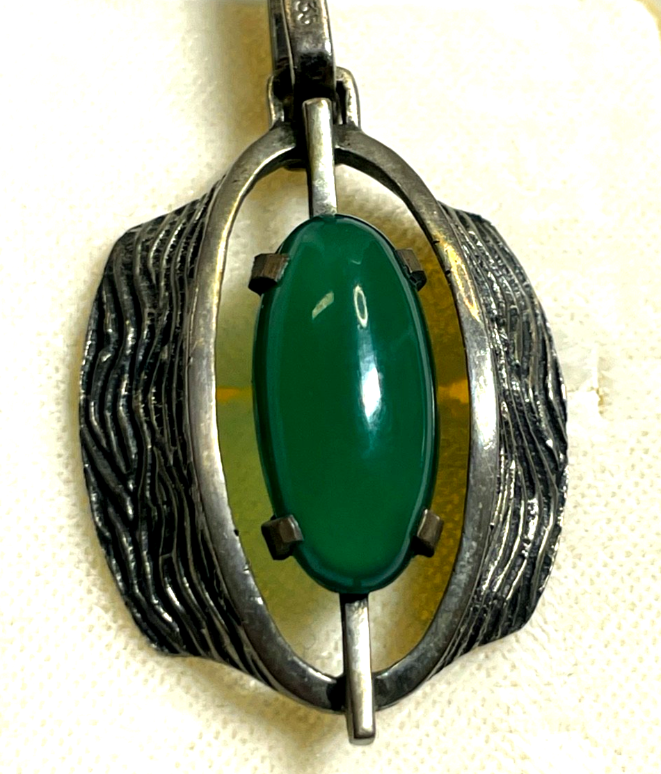 Vintage 70erJ Design 925 Silber Kette + 835 Anhänger Chrysopras Brutalist gepfl.4