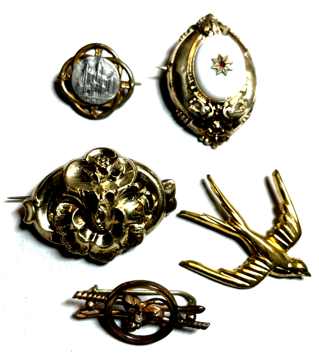 Konvolut 5 x antik Schmuck Brosche Anhänger Golddouble0