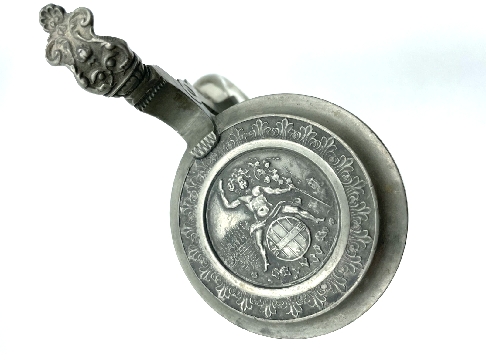 Gepflegter antik Pressglas Bierkrug Weinkrug Zinndeckel Bacchus Motiv 0,4 ltd.3