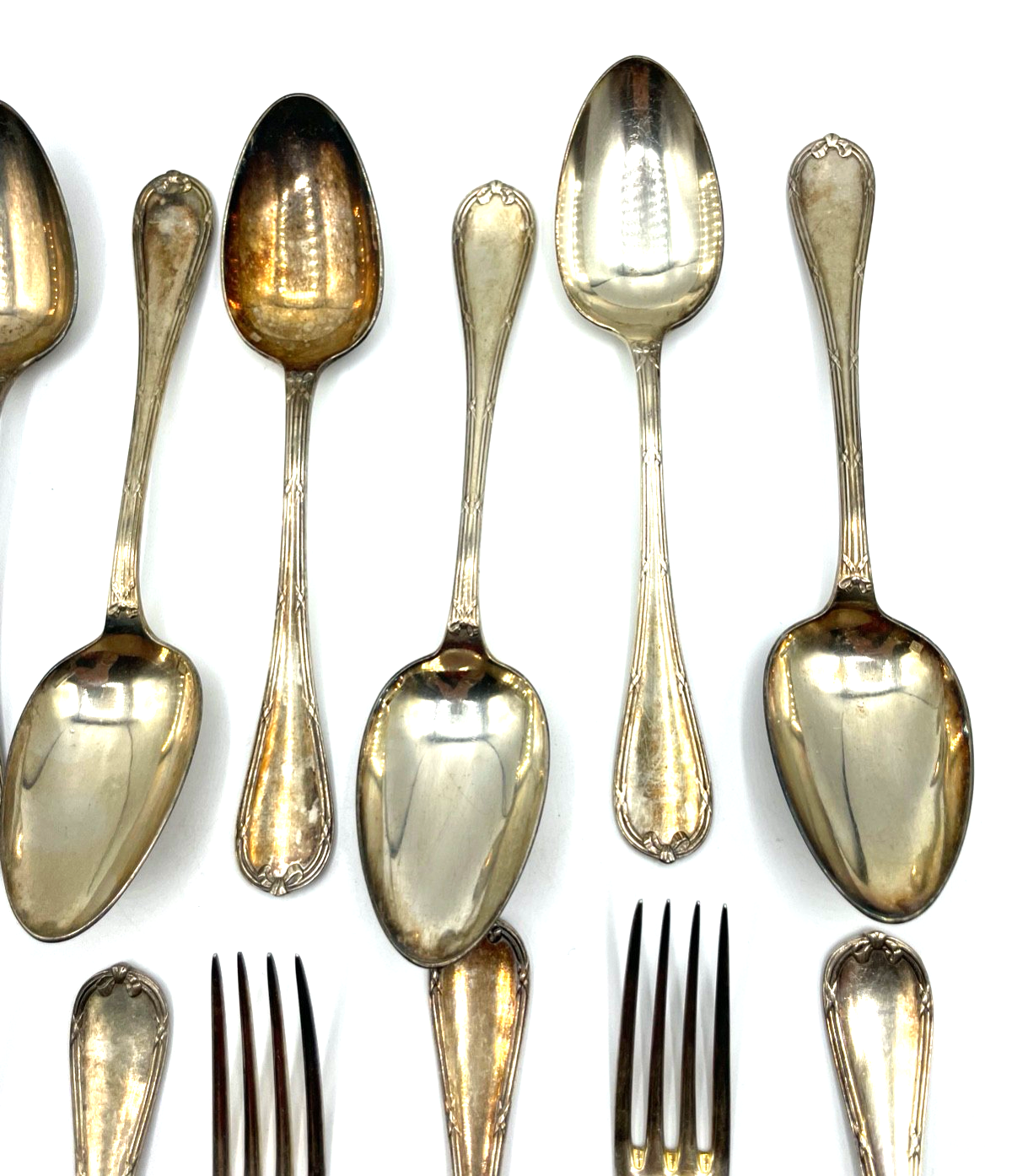 Antik Christofle 6 Gabeln 6 Löffel Rubans Kreuzband Muster versilbert rar4