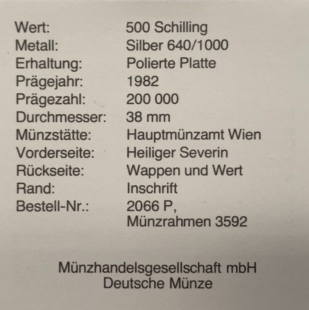 500 Schilling Österreich - Silber Münze - 1500. Todestag heiligen Serverin - PP3