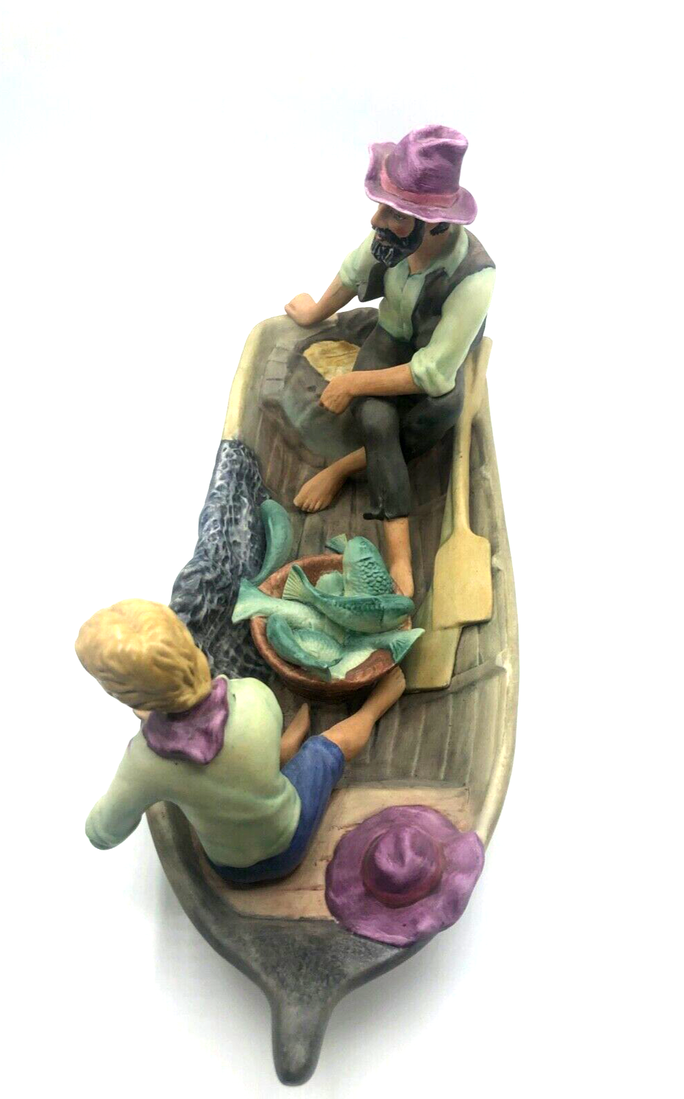 Stattliche Porzellan Figur Vater Sohn Fischer Boot Biskuit handbemalt L 39 cm2