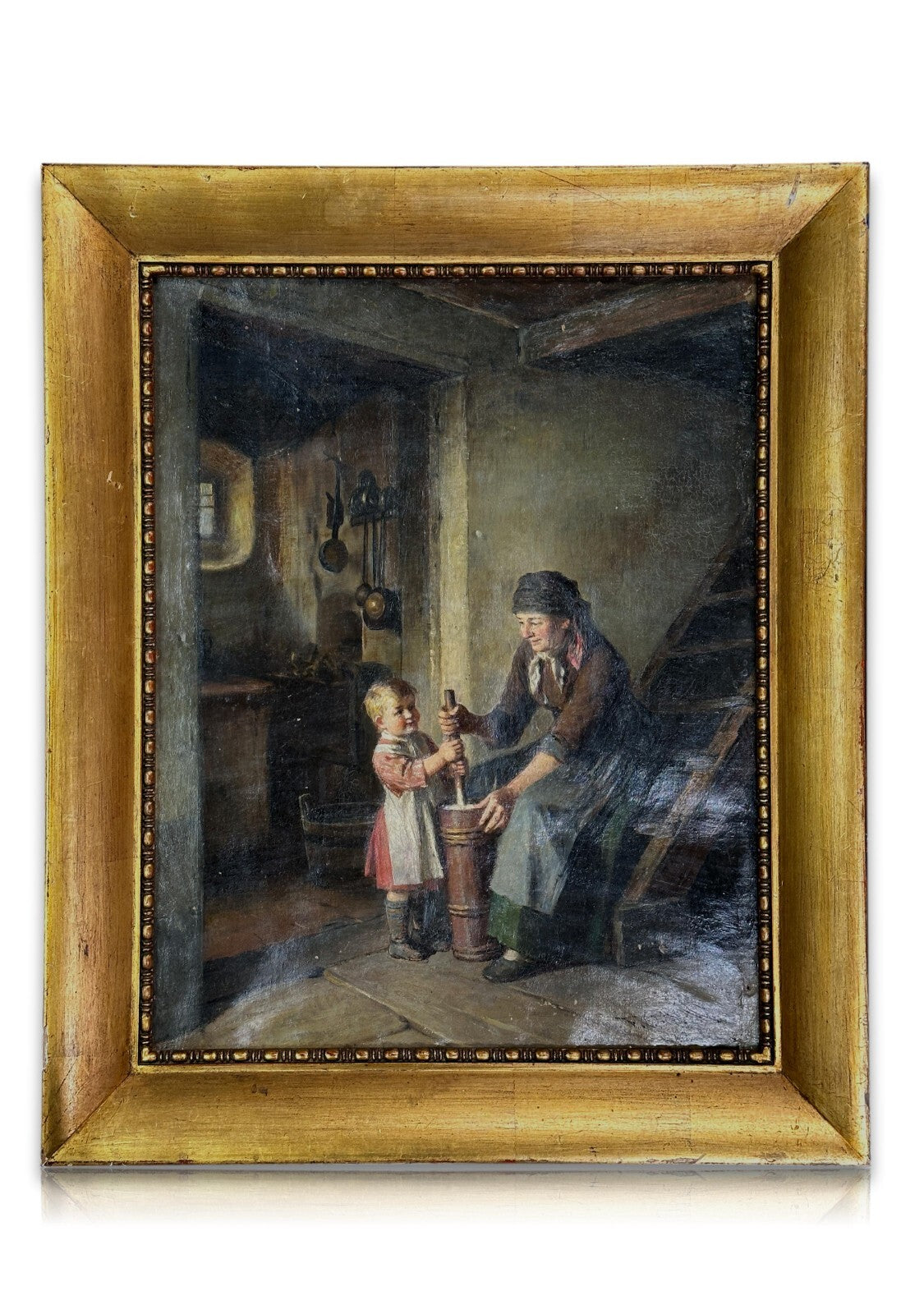 Friedrich Ortlieb 1839-1909 - 'Beim Butterstampfen' - Genremalerei - Öl auf Lw.0