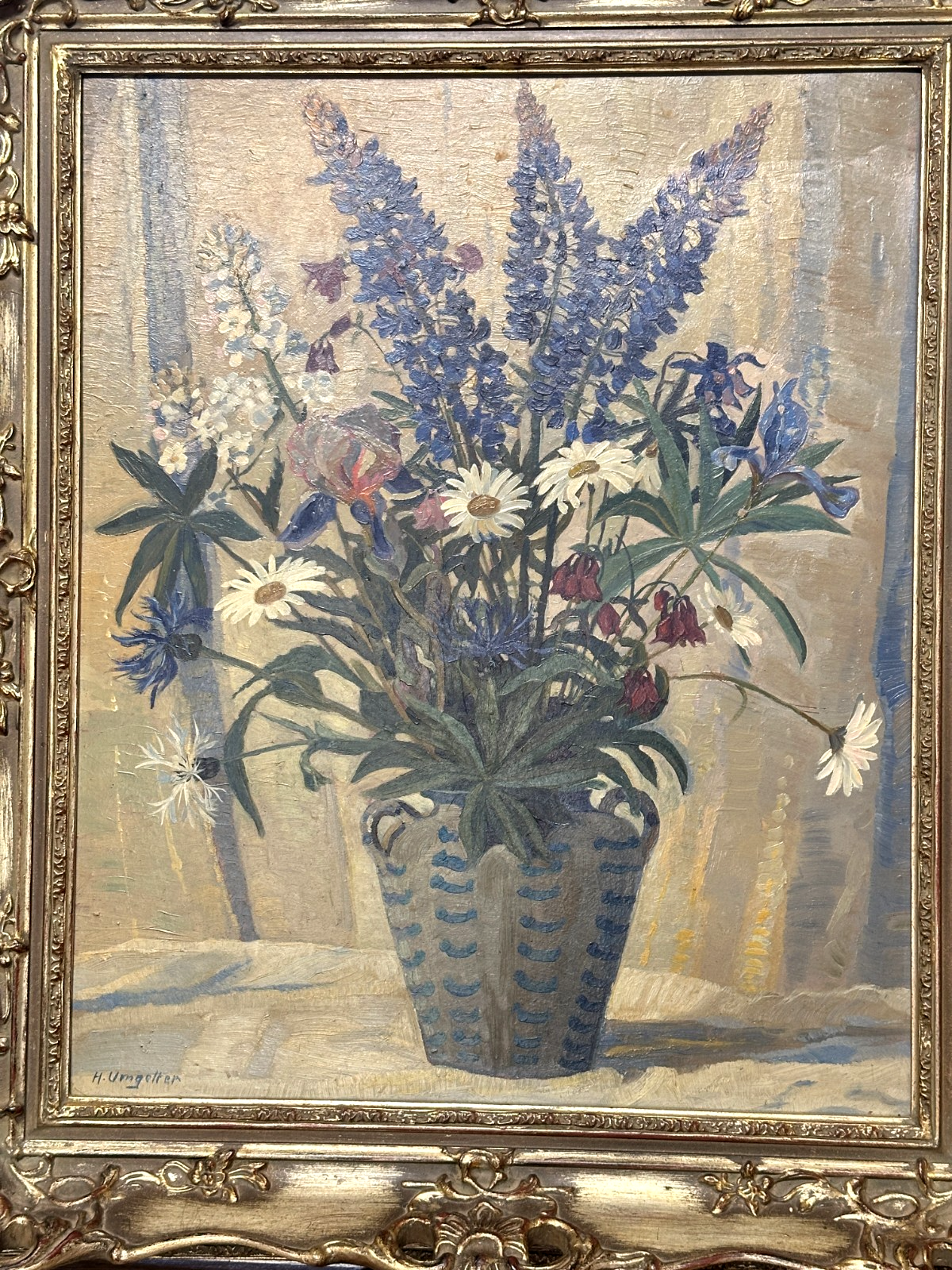 H. L. Umgelter – Florales Stillleben mit Lupinen, Lein & Lilien – Öl auf Platte1