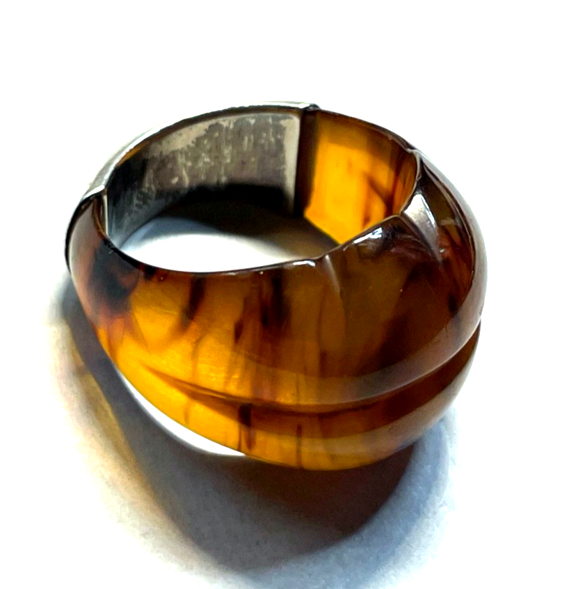 Designer Ring Silber und geschnitzter Kunstharz Bernstein Optik RG 57 Ø 18 mm7