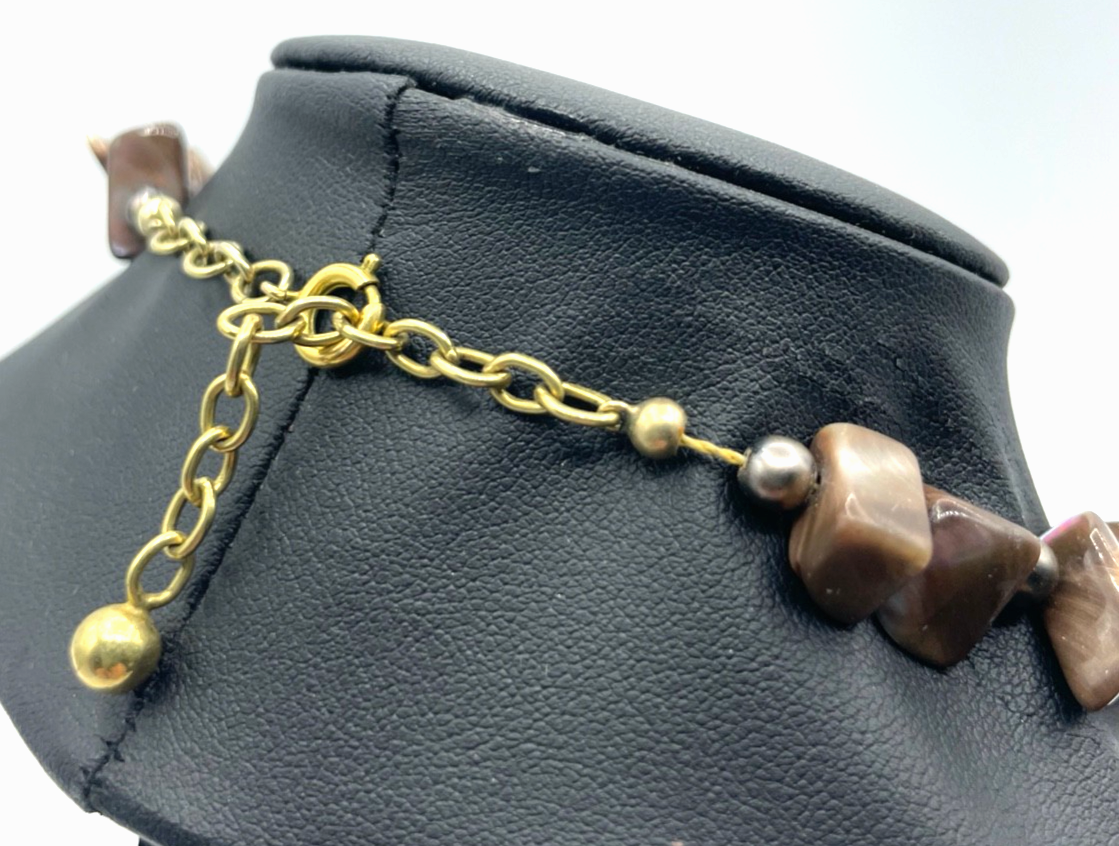 Vintage handgefertigte Perlmutt Collier Kette sehr elegant braun L 46,5 B 1,5 cm3