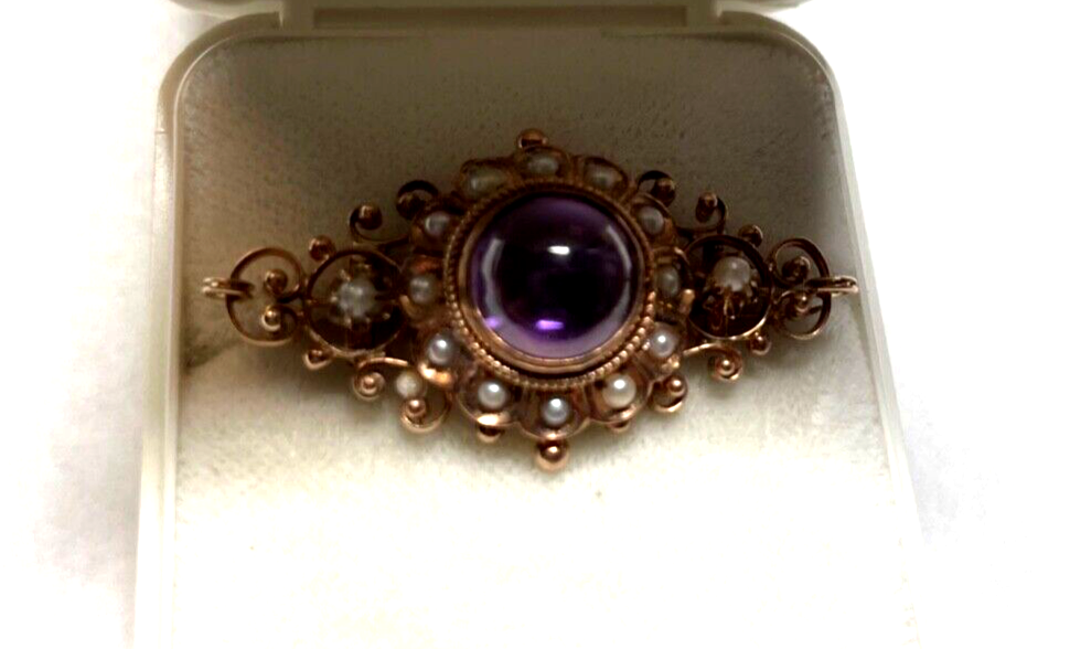Antik 8 K Gold 333 Brosche Amethyst Cabochon Orientperlen Historismus Saatperlen1