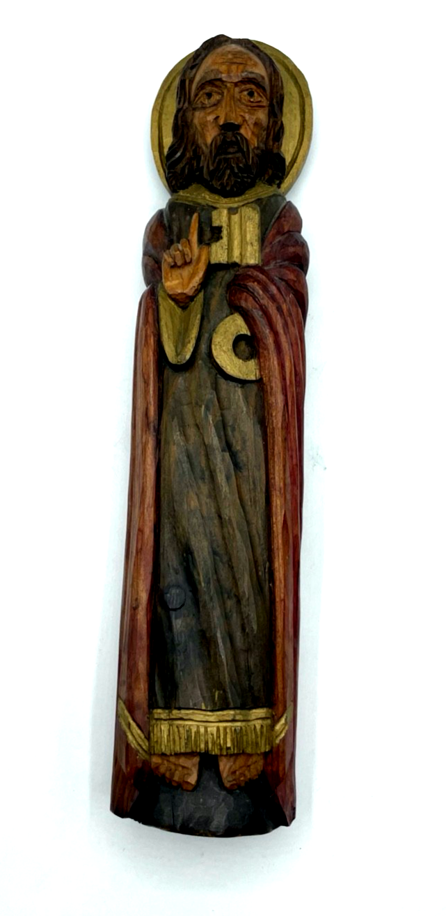 Alte Petrus Figur Holzfigur Handarbeit farblich gefasst Holzschnitzerei H 35 cm9