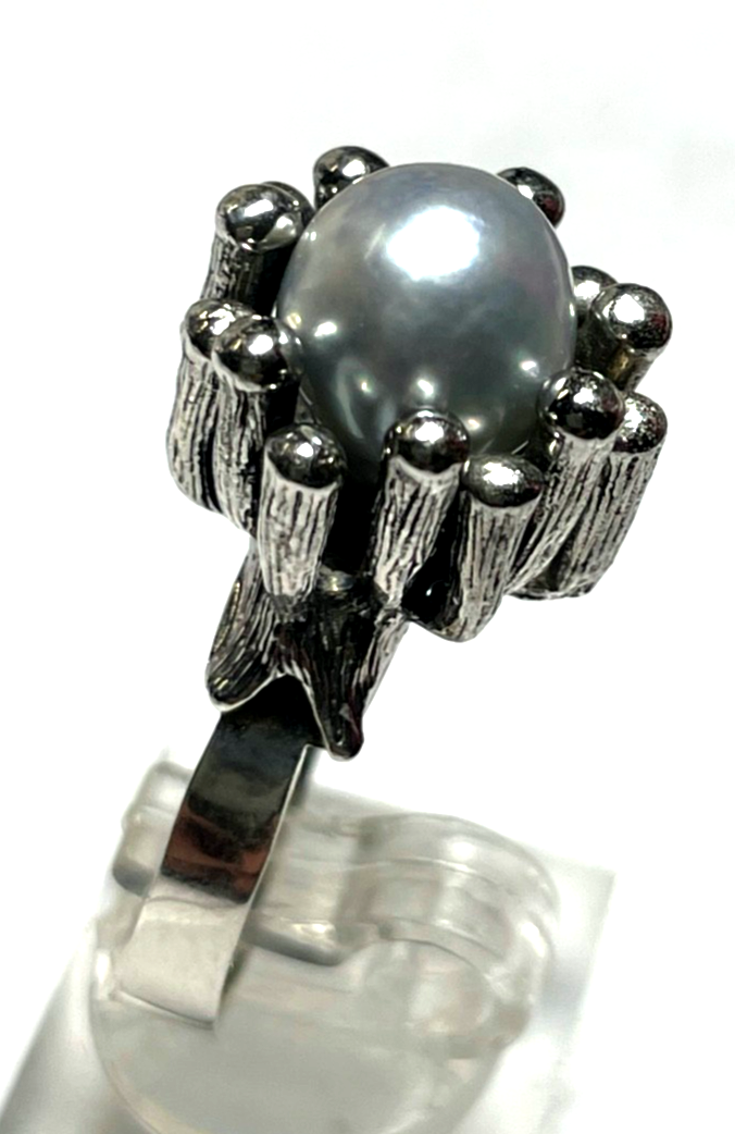 Brutalist  vintage 835 Silberring mit Tahiti Perle Unikat Ø 18 mm RG 57 gepflegt1