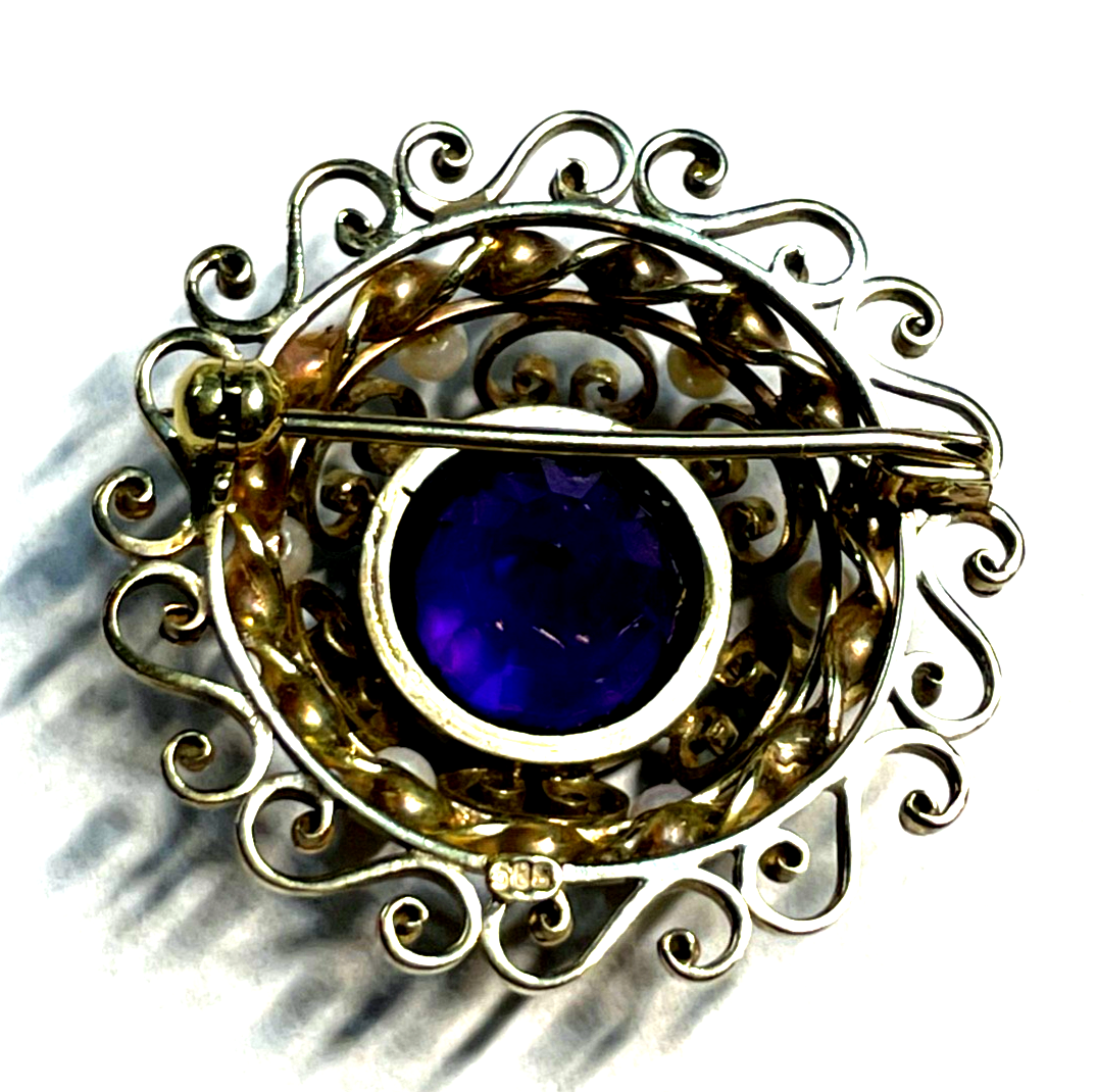 Edle 585 Gold 14 K Brosche mit 1 Amethyst + 6 kleine Orientperlen Juwelier gepfl7