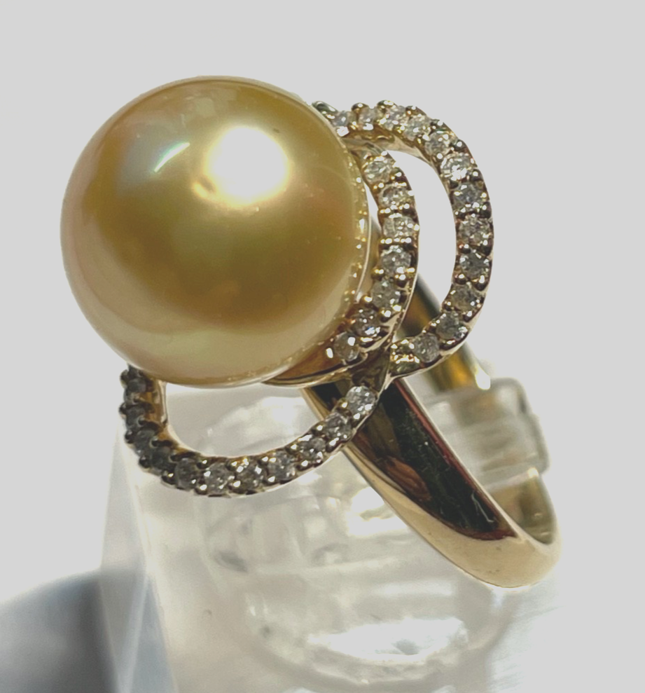 Elegant 585 Gold 14 K Ring Tahiti Perle Ø 12mm 40 Pavé Diamanten Ø 17,5mm RG 555
