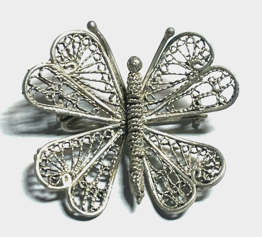 Antik 800 Silber Brosche Anstecknadel Filigransilber Schmetterling Trachtenmode0
