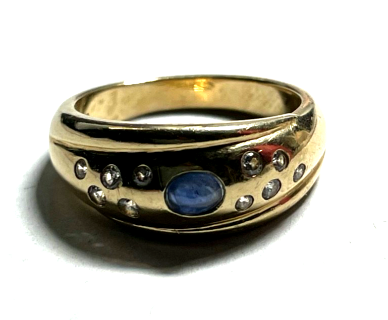 585 Gold 14 K Ring mit Saphir Cabochon + 10 Brillanten RG 52 Ø16,6 mm sehr gepfl0
