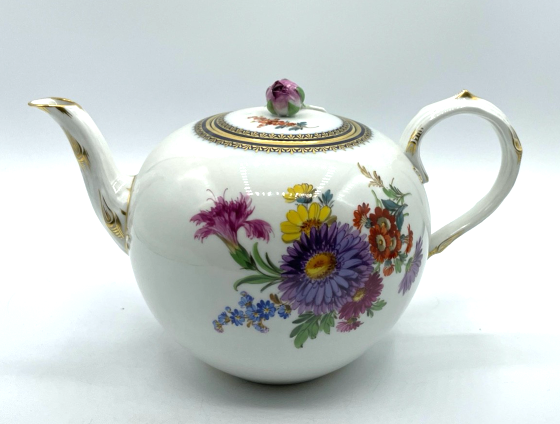 Antik Meissen Porzellan Teekanne 1. Wahl Blumenbukett Kobalt + Golddekor 1A Zust0