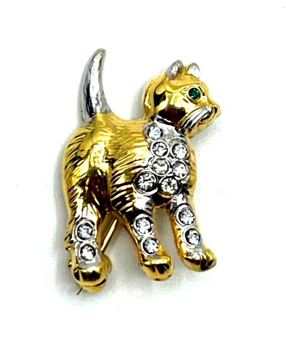 Vintage Brosche Anstecknadel kleine Katze vergoldet mit Strass Besatz wie neu6