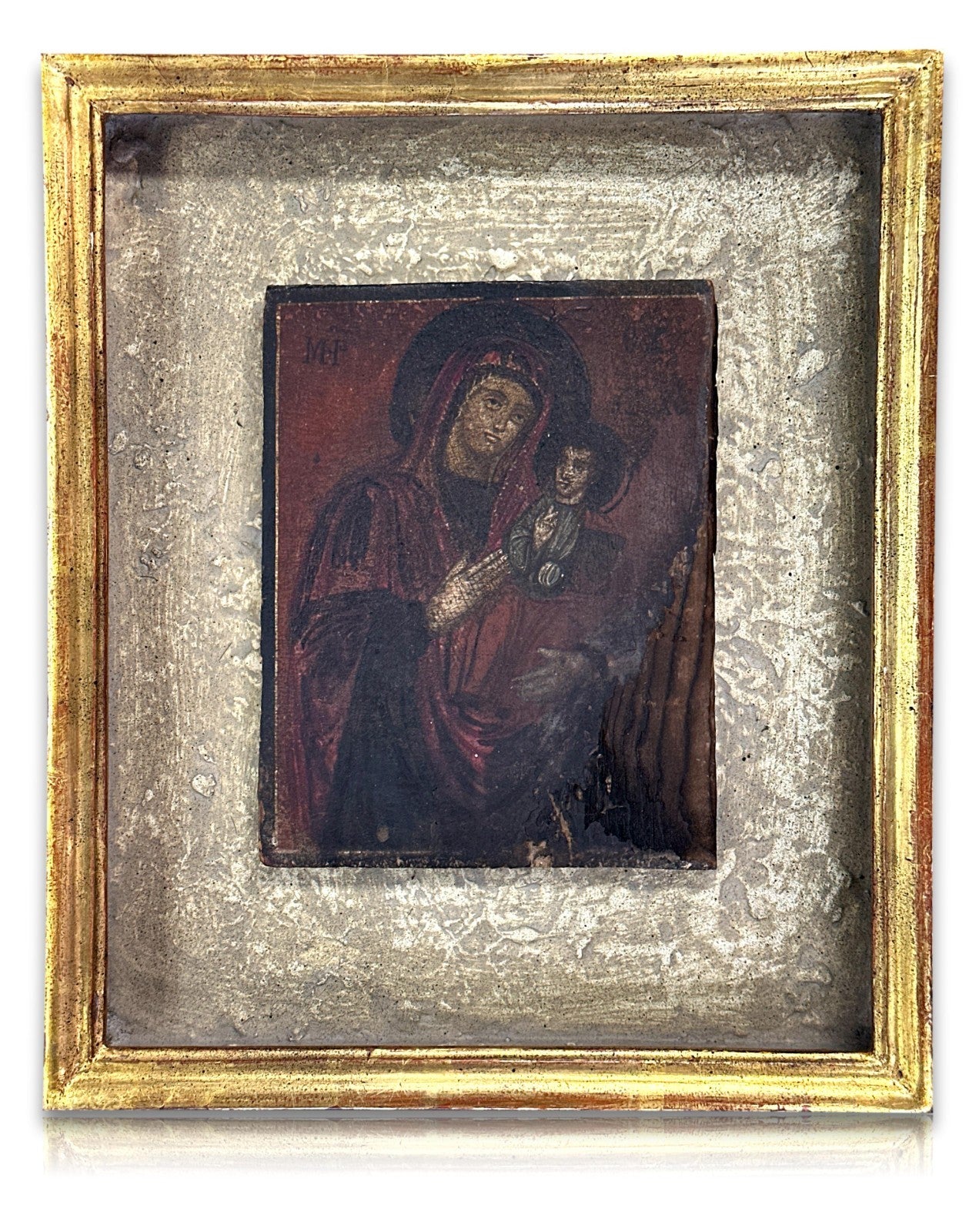 Alte Ikone „Gottesmutter mit Kind“ – Tempera auf Holz - unrestaurierter Zustand0
