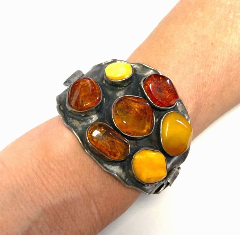 Mega Armreif 925 Silber Silberschmied Unikat diverse Bernstein Cabochons0