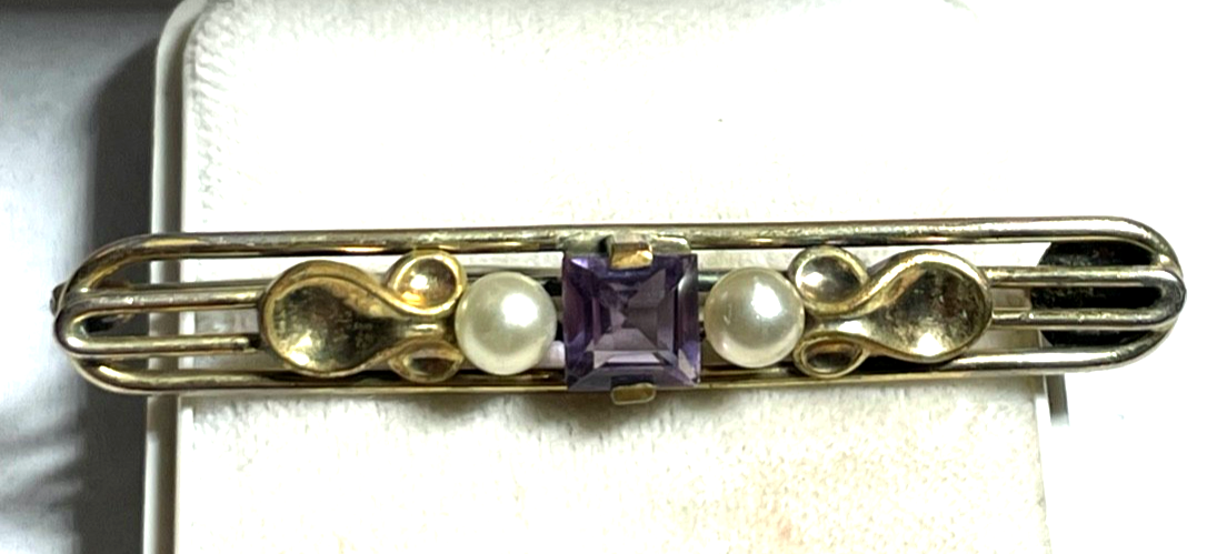 Antik Brosche Anstecknadel echt Amethyst 2 x echte Perle Amerikaner Golddouble1