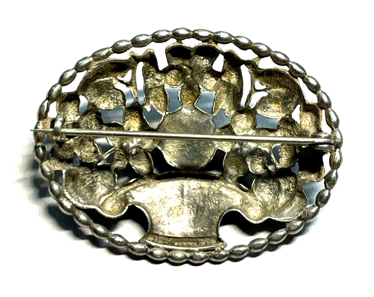 Antik 830 Silber Brosche Jugendstil Blumenkorb Handarbeit rosa Achat Cabochon4