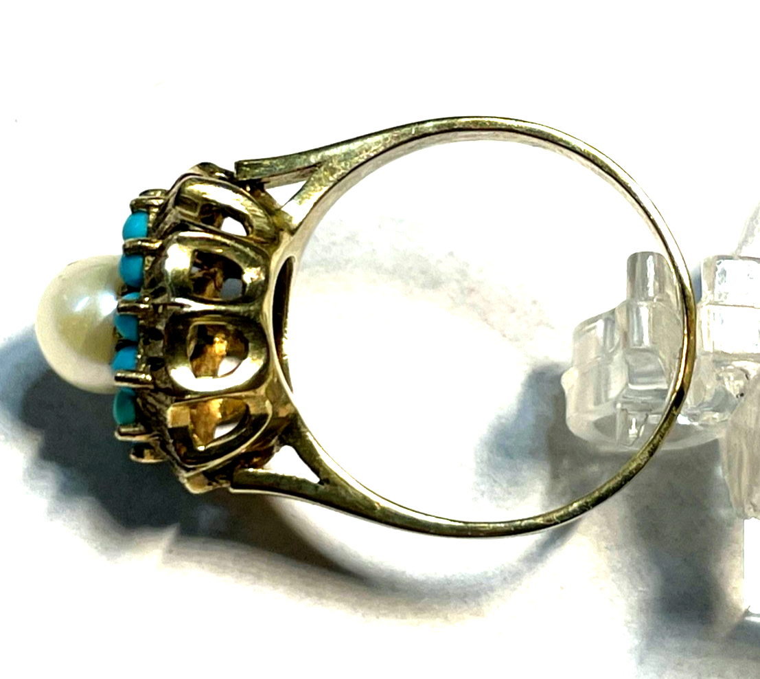 Vintage Design 333 Gold 8 K Ring Akoya Perle + Türkis Ø 18,4 mm RG 58 Juwelier4