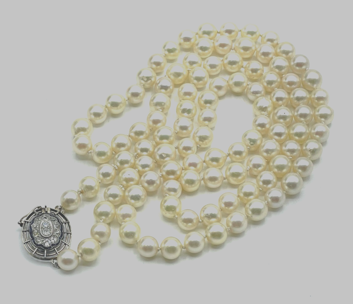 585 Gold Brillanten + Saphire Art Déco Flapper Kette 92 cm Perlenkette Ø 7 mm17