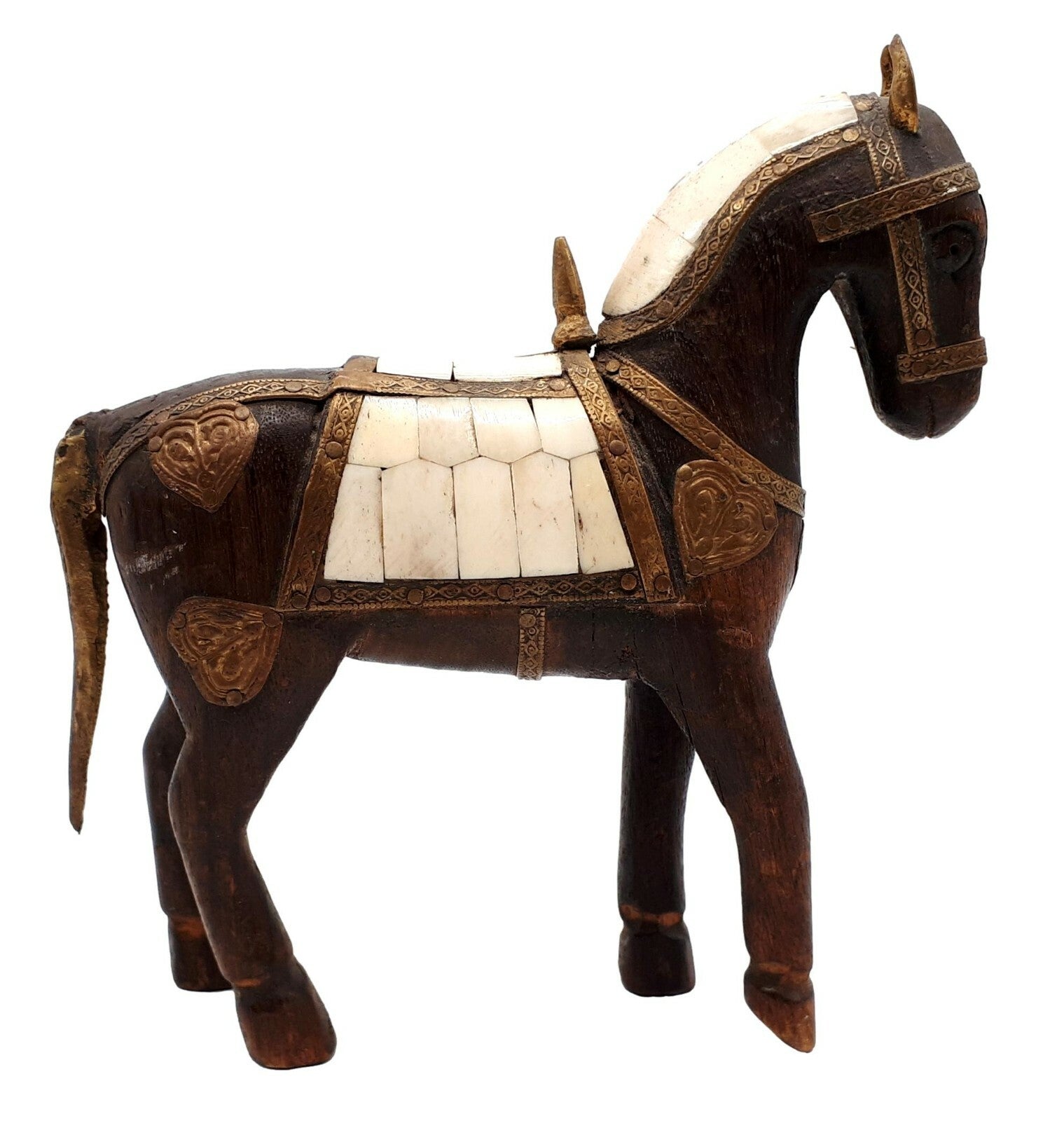 Pferdestatue - Skulptur schnitzerei Holz Bein - Indien um 1850 Messingbeschlag 3