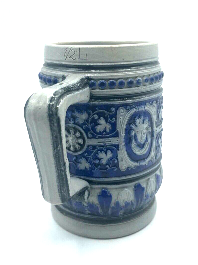 Alter Maskaron Steinzeug Henkelbecher Weinbecher  Becher 1/2 Ltr. um 1900 Prosit6